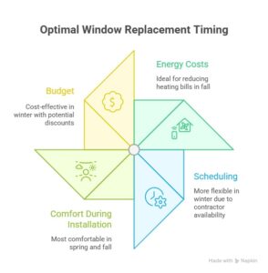 Infographic showing factors to consider when choosing the best time of year to replace windows in Winnipeg, including energy costs, budget, comfort, and scheduling.