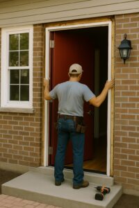 Technician installing a red fire-rated door in a Winnipeg home, ensuring safety, code compliance, and proper fire-resistant door installation.