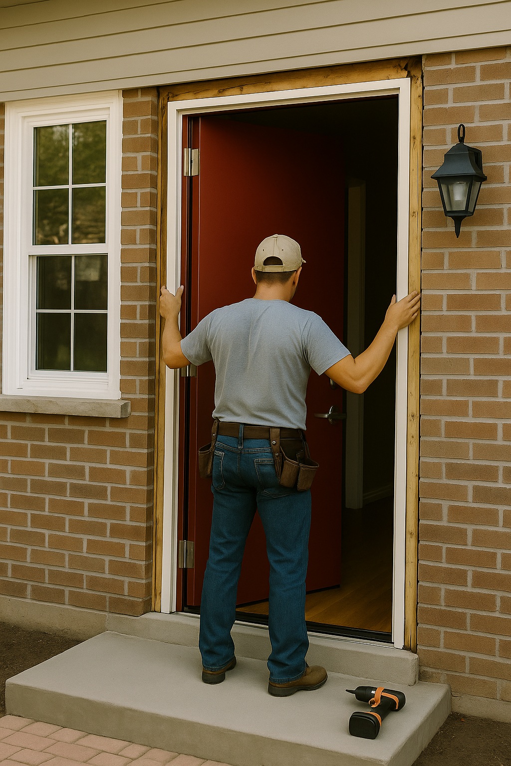 Technician performing exterior entry door installation and replacement on a brick house with a red front door
