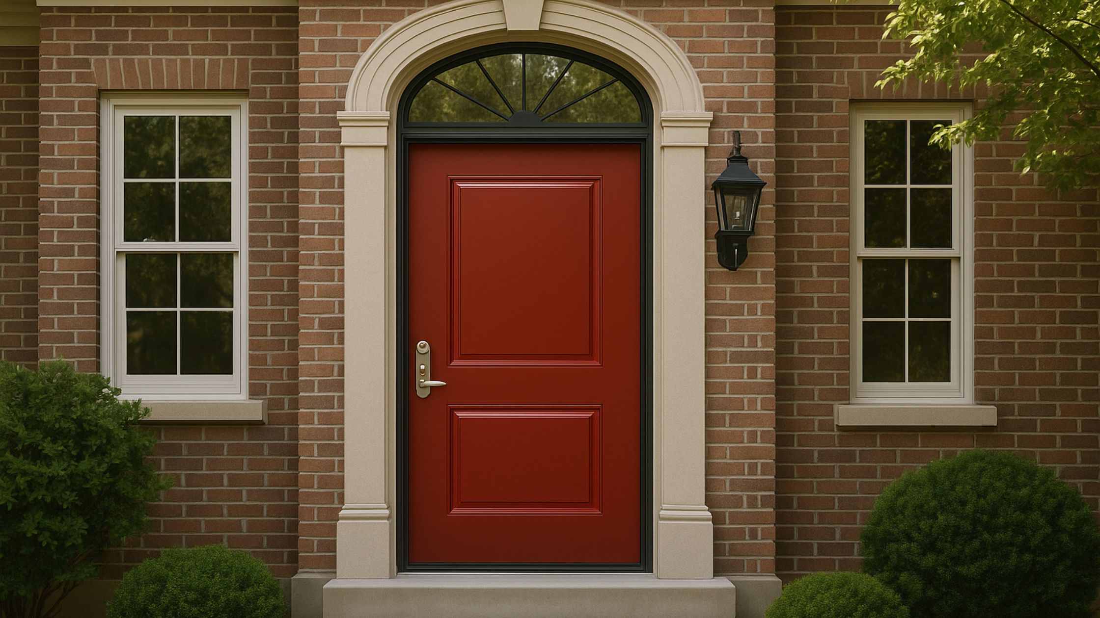 Front view of a Winnipeg home featuring a red entry door designed as a fire-rated door, showcasing safety, durability, and compliance with building codes.