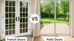 Side-by-side comparison of French Doors vs Patio Doors showing white French doors with grid panes and sliding patio doors overlooking a backyard deck in Winnipeg.