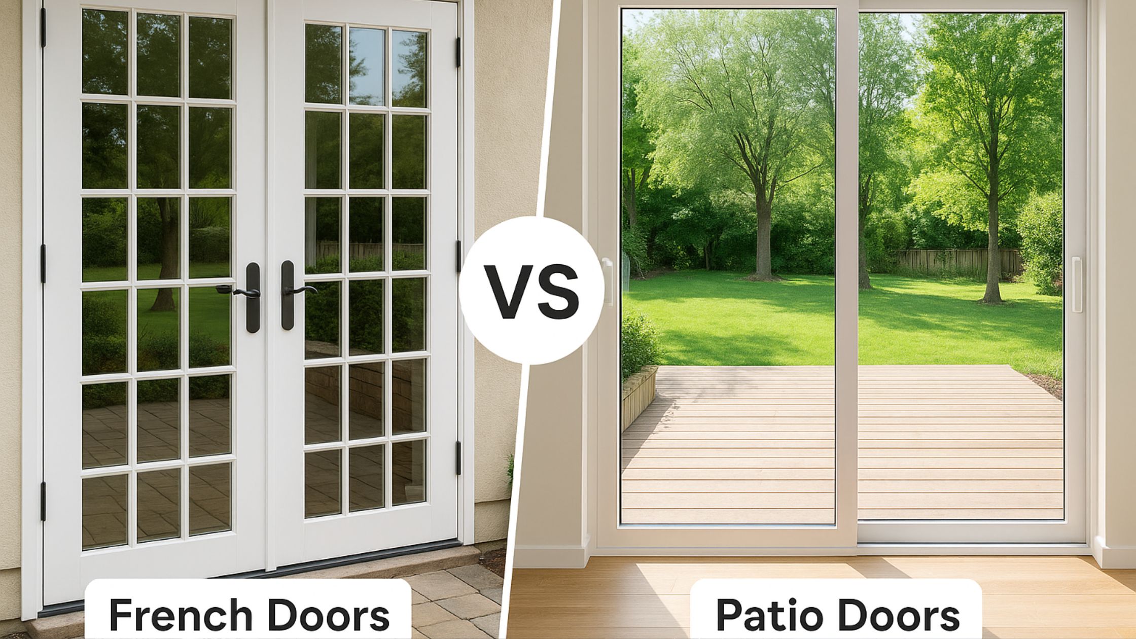 Side-by-side comparison of French Doors vs Patio Doors showing white French doors with grid panes and sliding patio doors overlooking a backyard deck in Winnipeg.