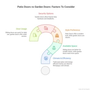 Infographic comparing Patio Doors vs Garden Doors, highlighting key factors like security, style preference, space, climate efficiency, and door usage for Winnipeg homes.