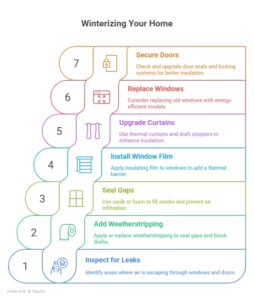 Infographic showing 7 steps on How to Winterize Windows and Doors in Winnipeg, including sealing gaps, adding weatherstripping, and replacing windows.