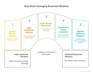 Infographic showing 5 steps on how to stop water from damaging basement windows in Winnipeg, including sealing, drainage, and window upgrades.