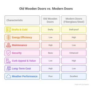 Comparison chart showing the benefits of replacing old wooden doors with modern fiberglass or steel doors in Winnipeg, including energy efficiency, security, and weather performance.