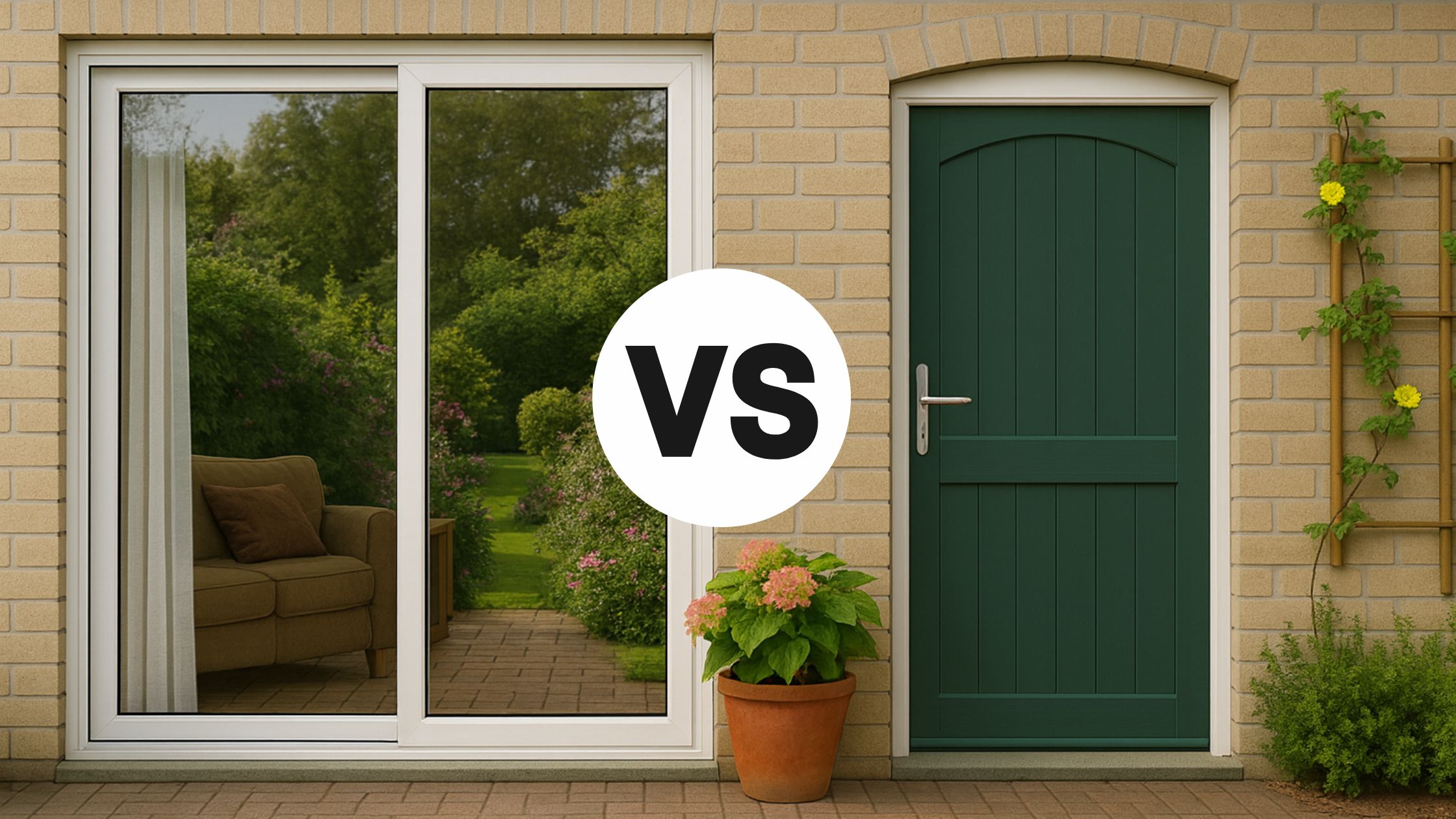 Patio Doors vs Garden Doors comparison showing a modern sliding patio door beside a traditional hinged garden door, illustrating design and style differences for Winnipeg homes.