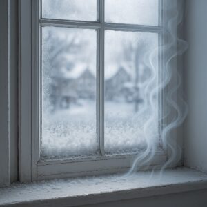 Frozen drafty window with snow buildup and visible air leaks, shows why it’s essential to learn how to winterize windows and doors in Winnipeg.