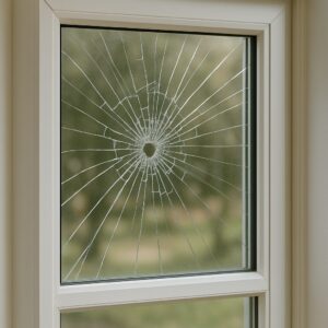 Close-up of a window with shattered glass, showing visible damage and cracks, a clear sign it's time for window replacement in Winnipeg homes.