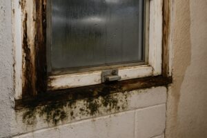 Damaged basement window with rotting wood, mould, and condensation, which are clear signs to replace basement windows and stop water damage in Winnipeg.