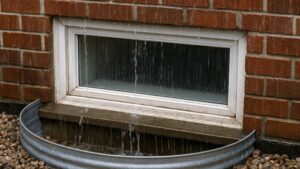 Rainwater leaking into a basement window well, showing poor drainage and sealing issues. How to Stop Water From Damaging Basement Windows in Winnipeg.