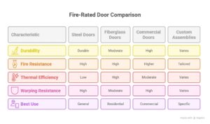 Fire-rated door comparison chart showing steel, fiberglass, commercial, and custom assemblies with details on durability, fire resistance, and efficiency.