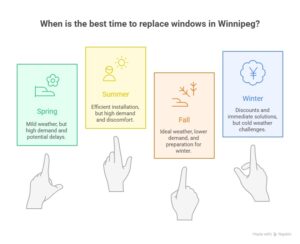 Infographic explaining the best time of year to replace windows in Winnipeg, comparing spring, summer, fall, and winter pros and cons.