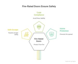 Infographic showing why fire-rated doors matter in Winnipeg, highlighting safe escape for tenants, code compliance, and home protection from fire spread.