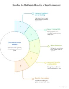 Infographic showing benefits of replacing old doors: lower heating bills, better insulation, increased home value, and improved security in Winnipeg.