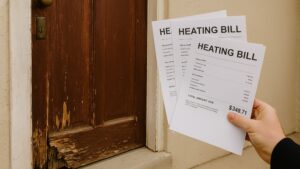 Old wooden door with peeling paint and high heating bills in hand, illustrating Does Replacing Old Doors Lower Heating Bills in Winnipeg.