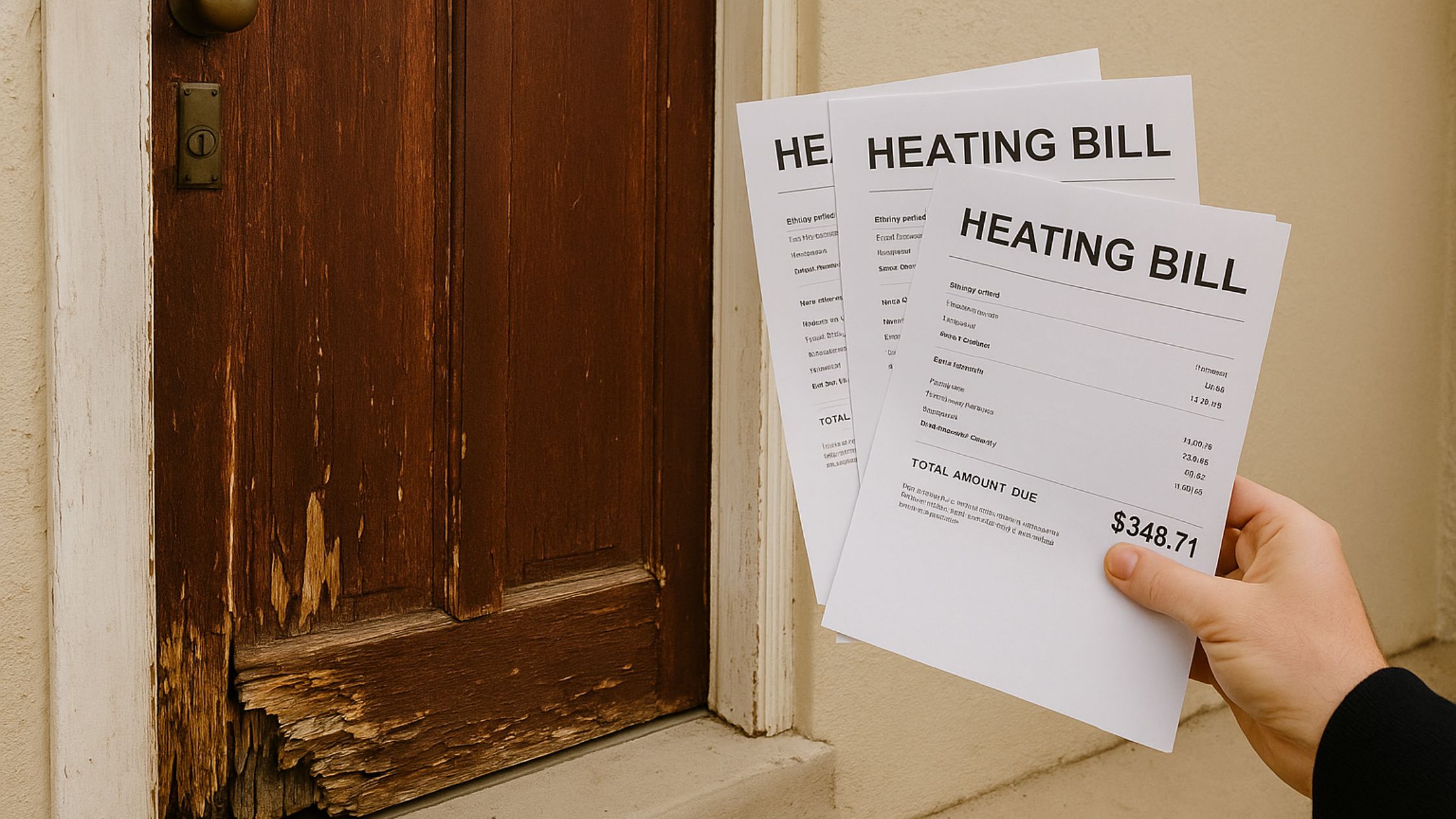 Old wooden door with peeling paint and high heating bills in hand, illustrating Does Replacing Old Doors Lower Heating Bills in Winnipeg.