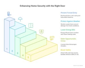 Infographic illustrating how the right entry door enhances home security by preventing forced entry, protecting against weather, lowering energy bills, deterring crime, and boosting safety.