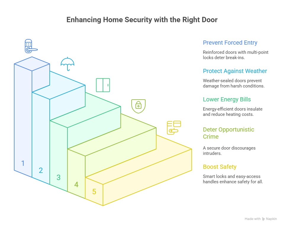 Infographic illustrating how the right entry door enhances home security by preventing forced entry, protecting against weather, lowering energy bills, deterring crime, and boosting safety.