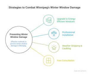 Infographic showing strategies to combat winter window damage in Winnipeg, featuring energy-efficient window upgrades, professional installation, weather stripping, caulking, and free consultation.