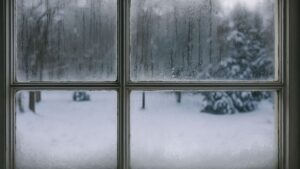 Frost-covered window showing condensation and ice buildup during a cold winter day, illustrating How Winnipeg’s Harsh Winters Affect Your Windows by causing drafts and reduced efficiency.