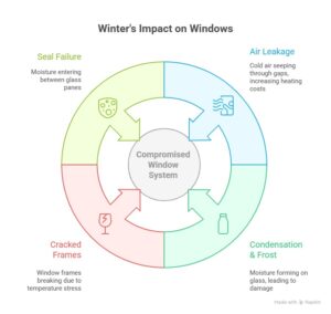 Infographic showing how Winnipeg’s harsh winters affect your windows, highlighting issues like seal failure, air leakage, cracked frames, and condensation leading to a compromised window system.