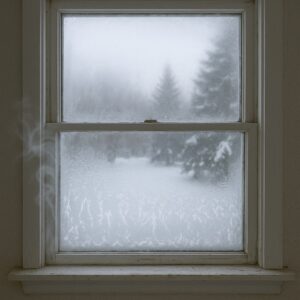 Frosted and fogged-up window showing condensation and ice buildup during a cold Winnipeg winter, illustrating how harsh weather affects window performance and insulation.