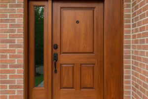 Solid core wood entry door with side glass panel, peephole, and secure hardware, installed on a red brick home for enhanced entry door home security.