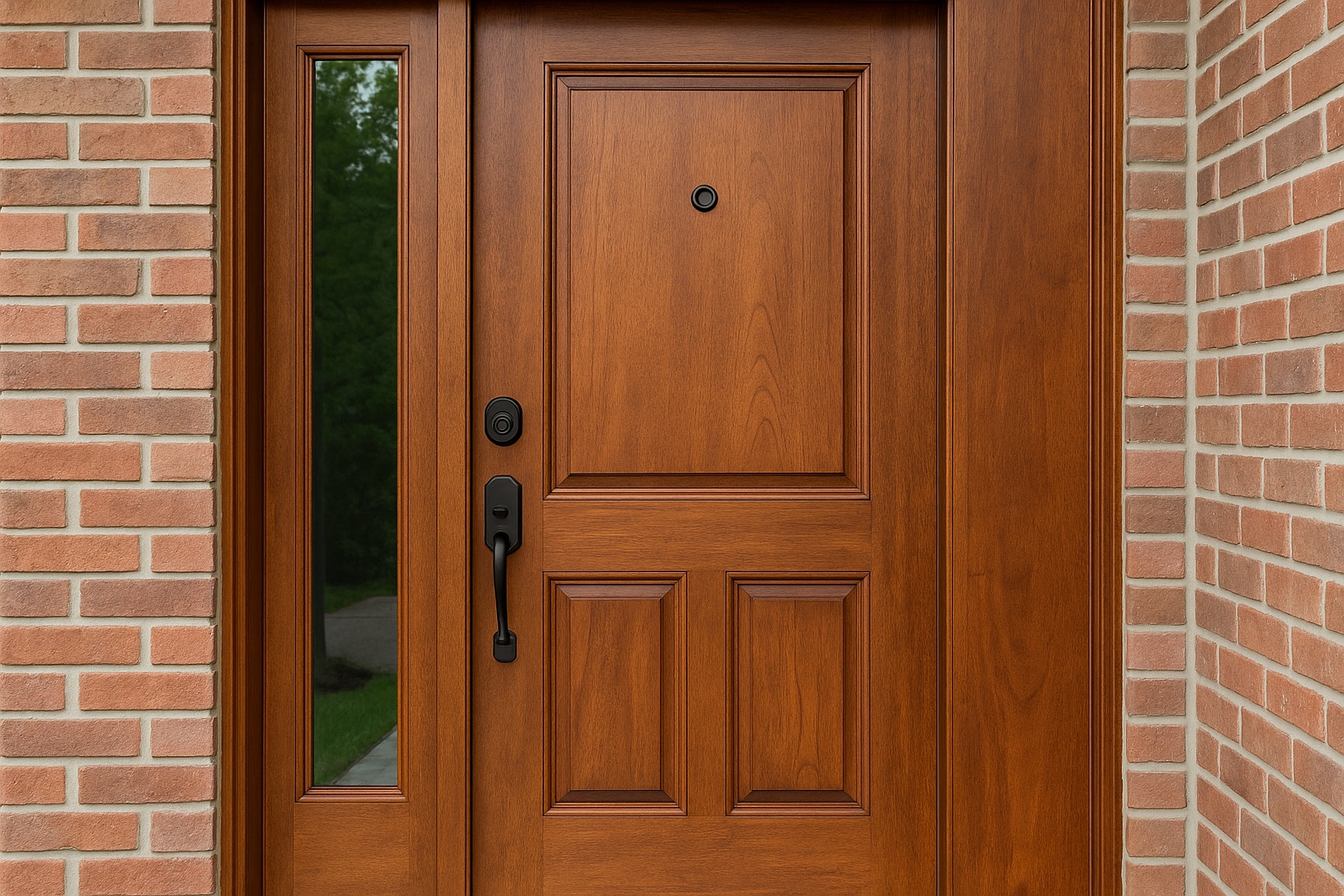Wooden front entry door with black handle set and narrow glass sidelight, installed in brick exterior wall.