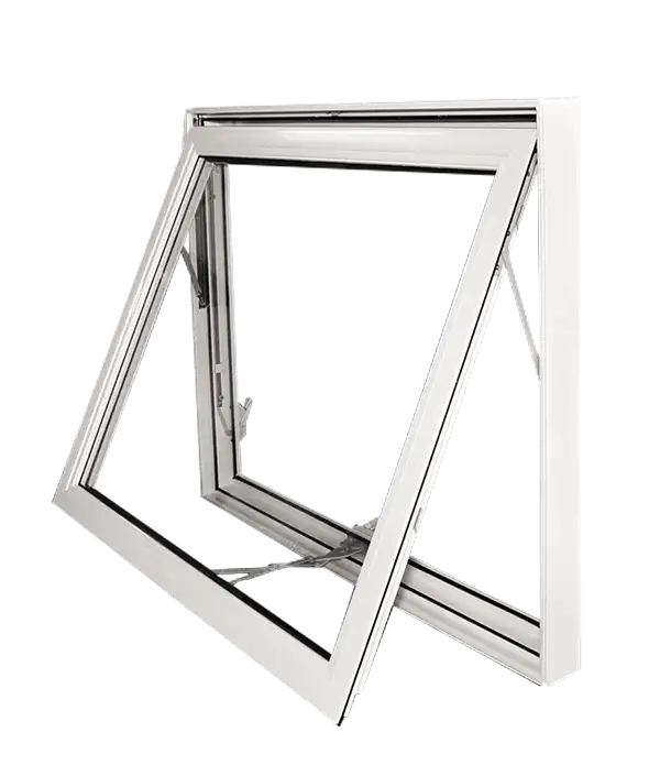 White vinyl awning window open outward with bottom hinge and support arms