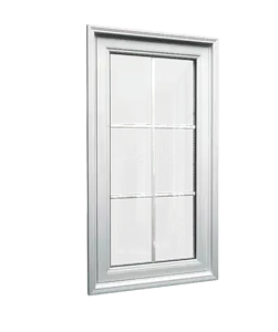 White vinyl fixed picture window with colonial grille pattern and clear double pane glass