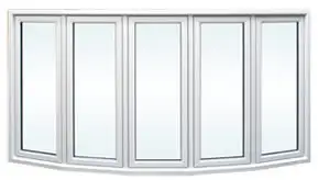 White vinyl bay window with five panels and fixed center picture window design