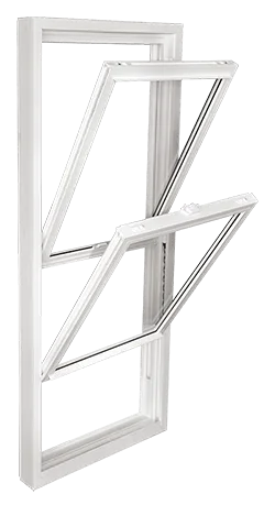 White vinyl double hung window with bottom sash tilted inward for ventilation