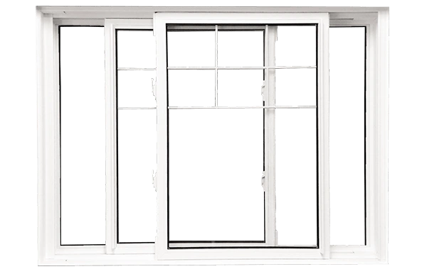 White vinyl double slider window with two operable sashes and colonial grille pattern
