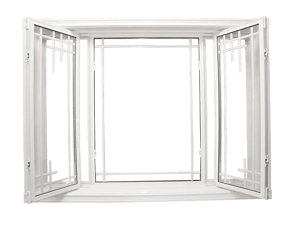 White vinyl end vent slider window with fixed center pane and two operable side sashes open with grille pattern