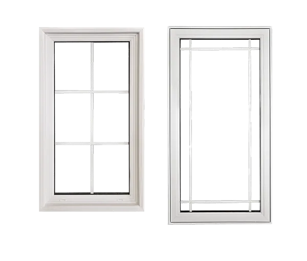 White vinyl fixed picture window with colonial grille pattern and clear double pane glass