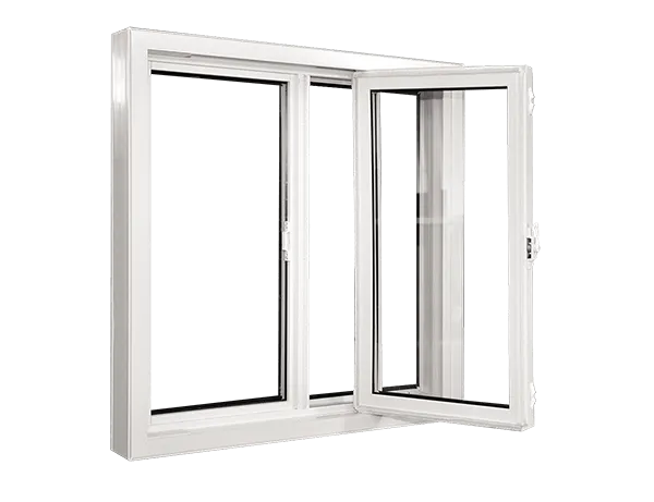 White vinyl single slider window with one operable sash open and double pane glass