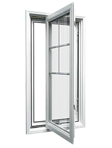 White vinyl window open inward with divided grille design and clear double pane glass