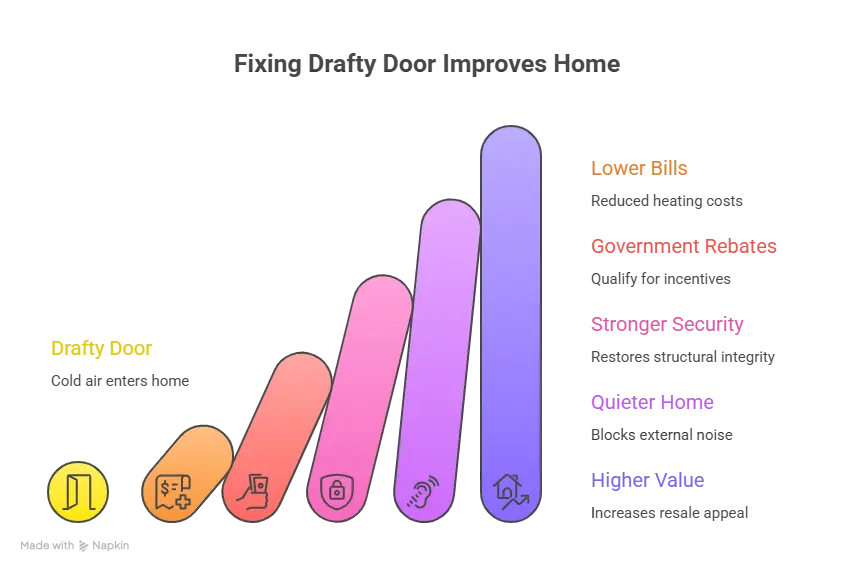 Benefits of fixing a drafty front door showing energy savings, rebates, security, noise reduction, and home value