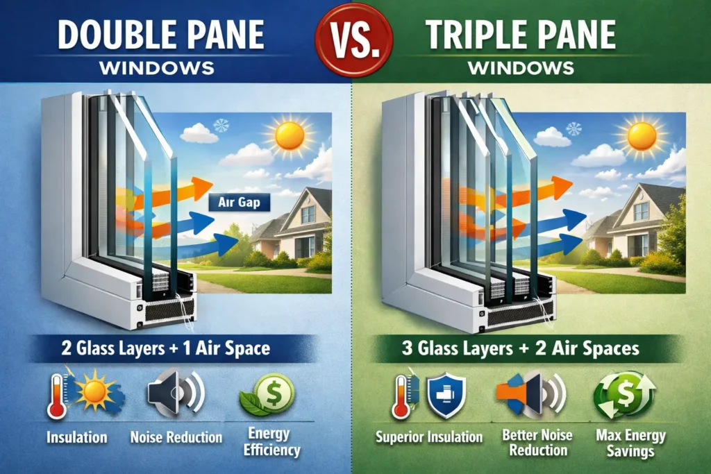 Double pane vs triple pane windows comparison infographic showing glass layers, insulation, noise reduction, and energy savings