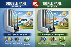 Double pane vs triple pane windows comparison infographic showing glass layers, insulation, noise reduction, and energy savings