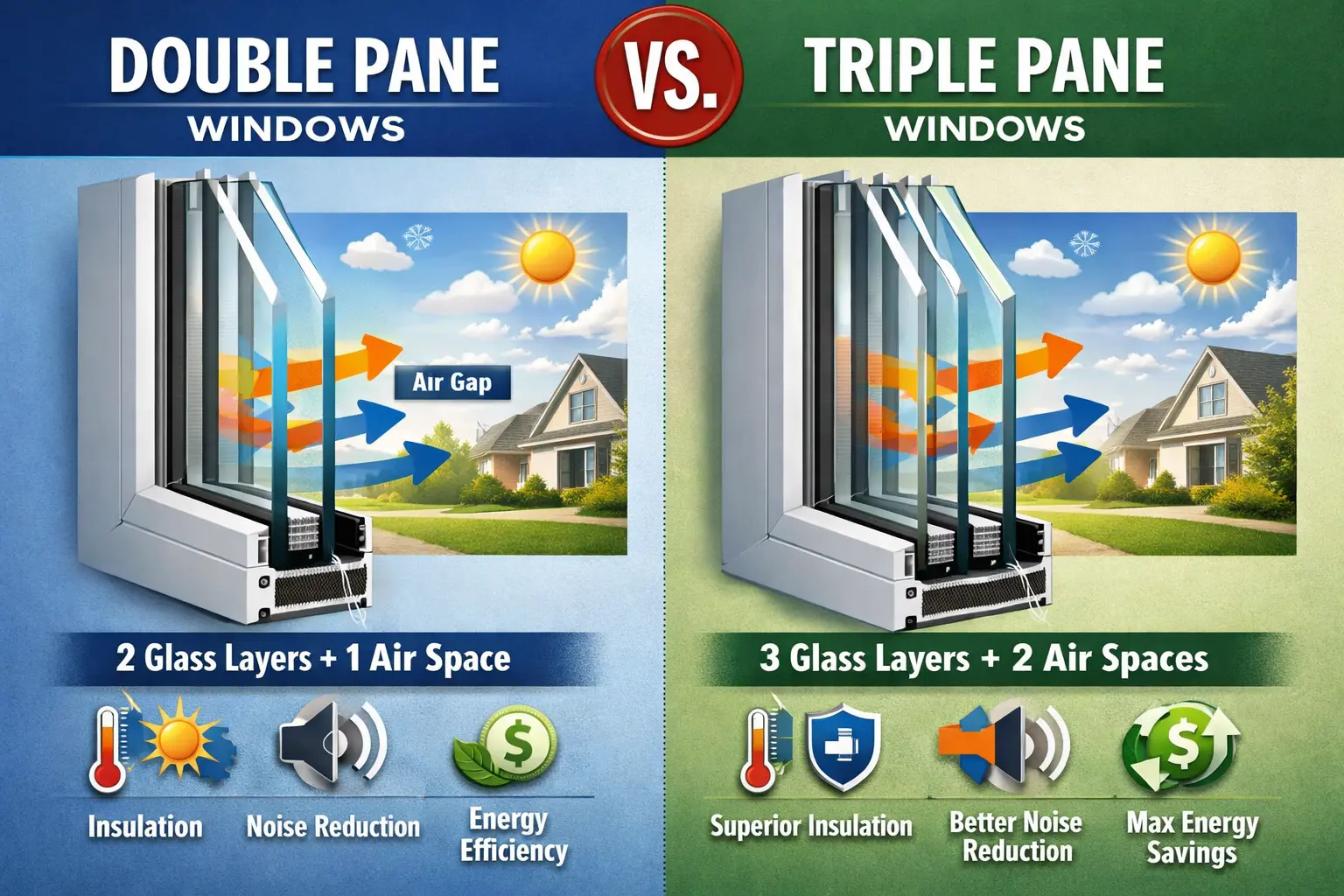 Double pane vs triple pane windows comparison infographic showing glass layers, insulation, noise reduction, and energy savings