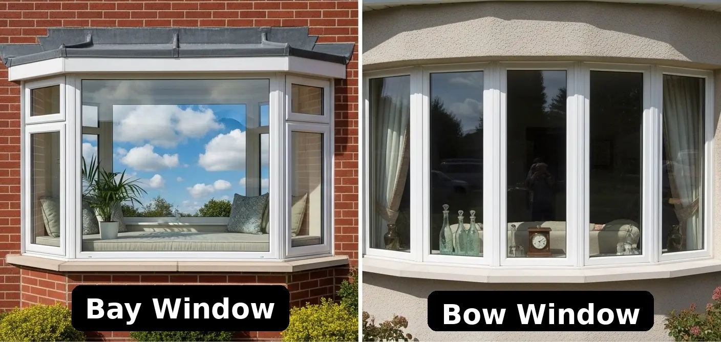 Bay window vs bow window comparison showing angular and curved window styles on home exteriors