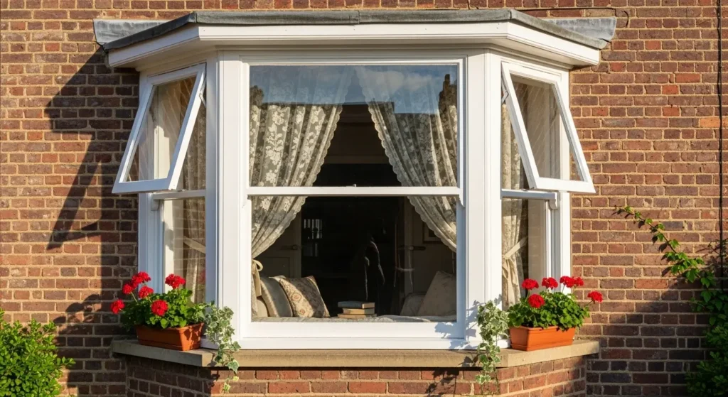 White bay window on a brick house with opening side panels, lace curtains, and flower boxes