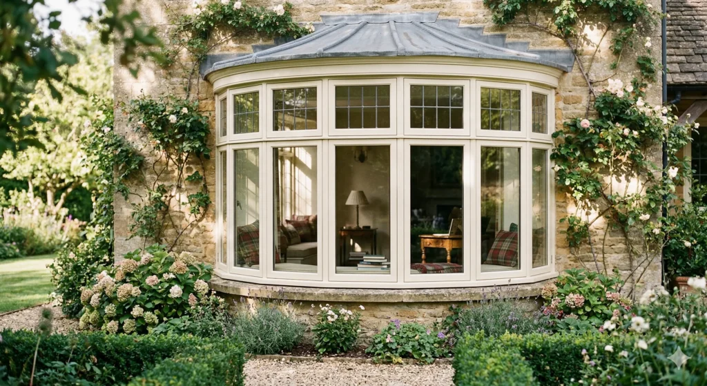 Elegant bow window on a stone house with multiple glass panels and landscaped garden outside