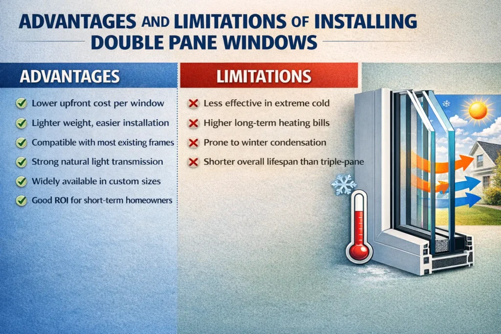 Advantages and limitations of double pane windows showing cost, insulation, installation, and cold weather performance