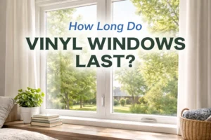 White vinyl windows in a bright home interior with text about how long vinyl windows last