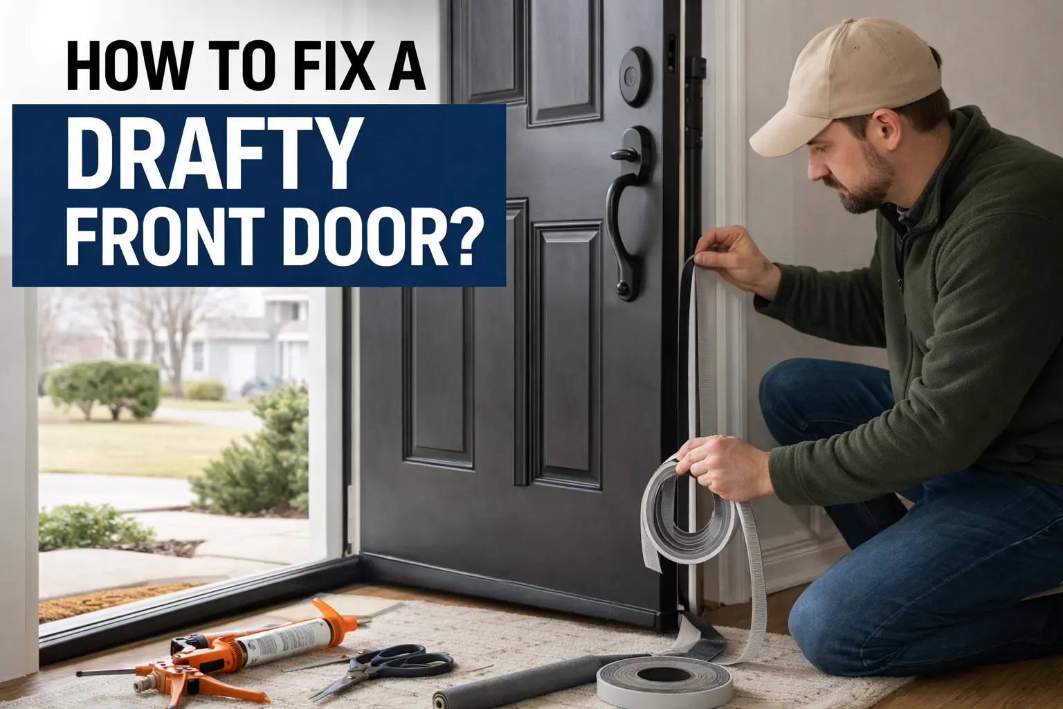 Homeowner sealing a drafty front door with weatherstripping during an indoor door repair project