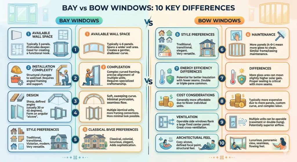 Bay vs bow windows infographic showing 10 key differences in design, cost, installation, efficiency, and ventilation