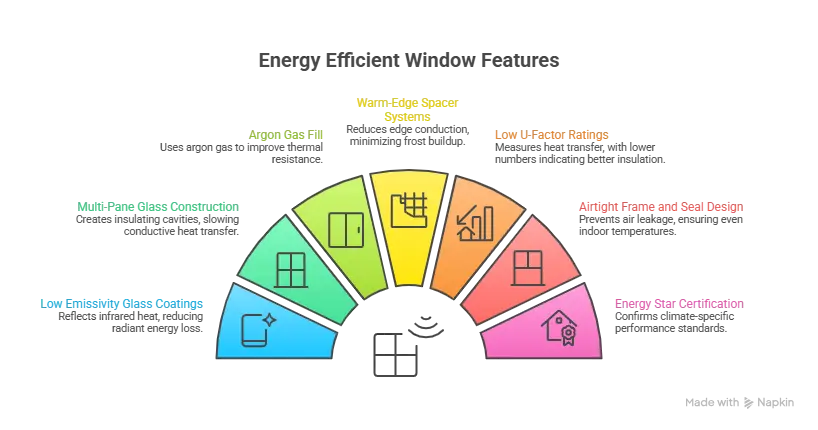 Energy efficient window features diagram showing low E coatings, argon gas fill, multi-pane glass, airtight seals, and Energy Star certification